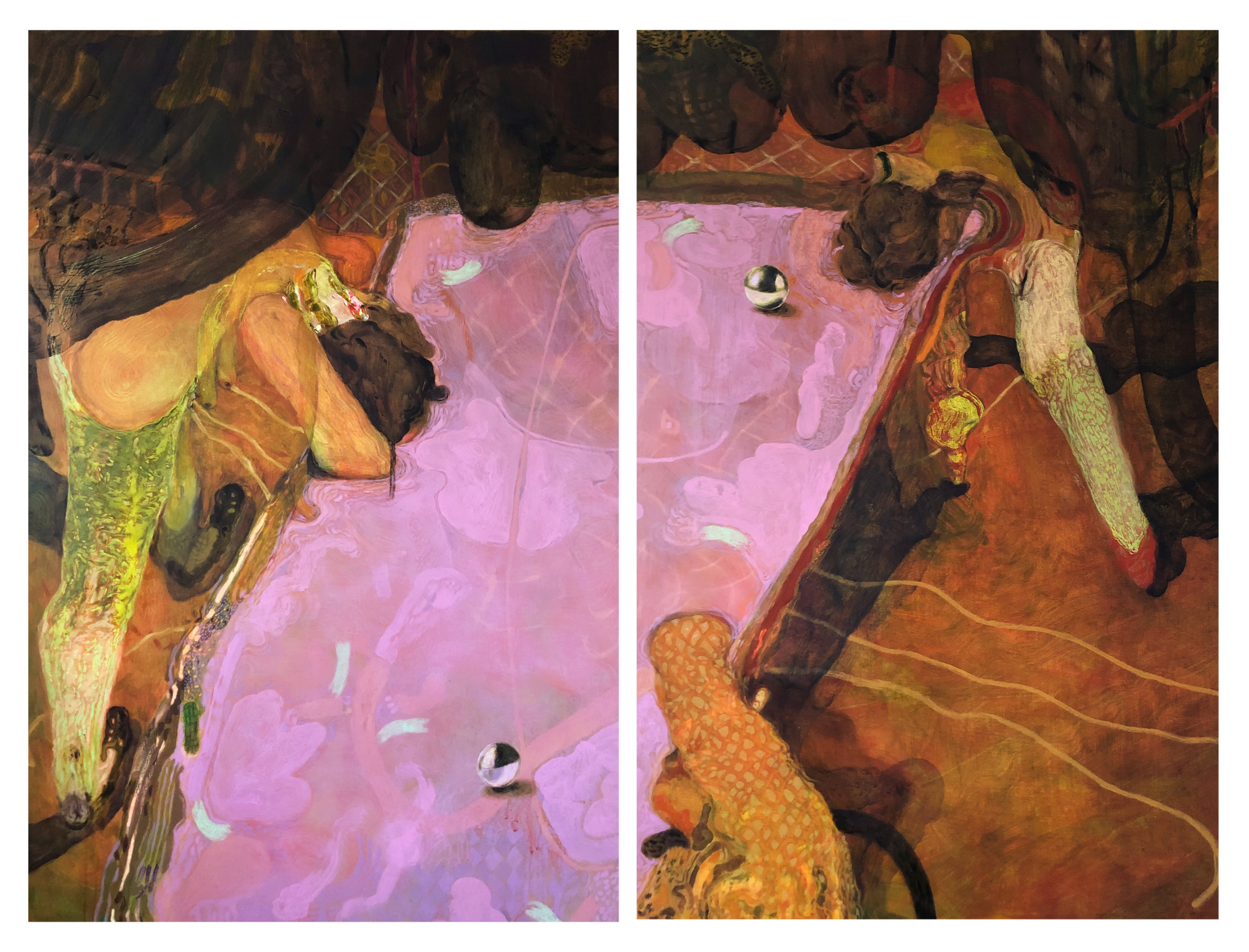 Guglielmo Castelli, Afloat, 2019, dittico, tecnica mista su tela, cm 100 x 80 ciascuno, courtesy Galerie Rolando Anselmi , Berlino.