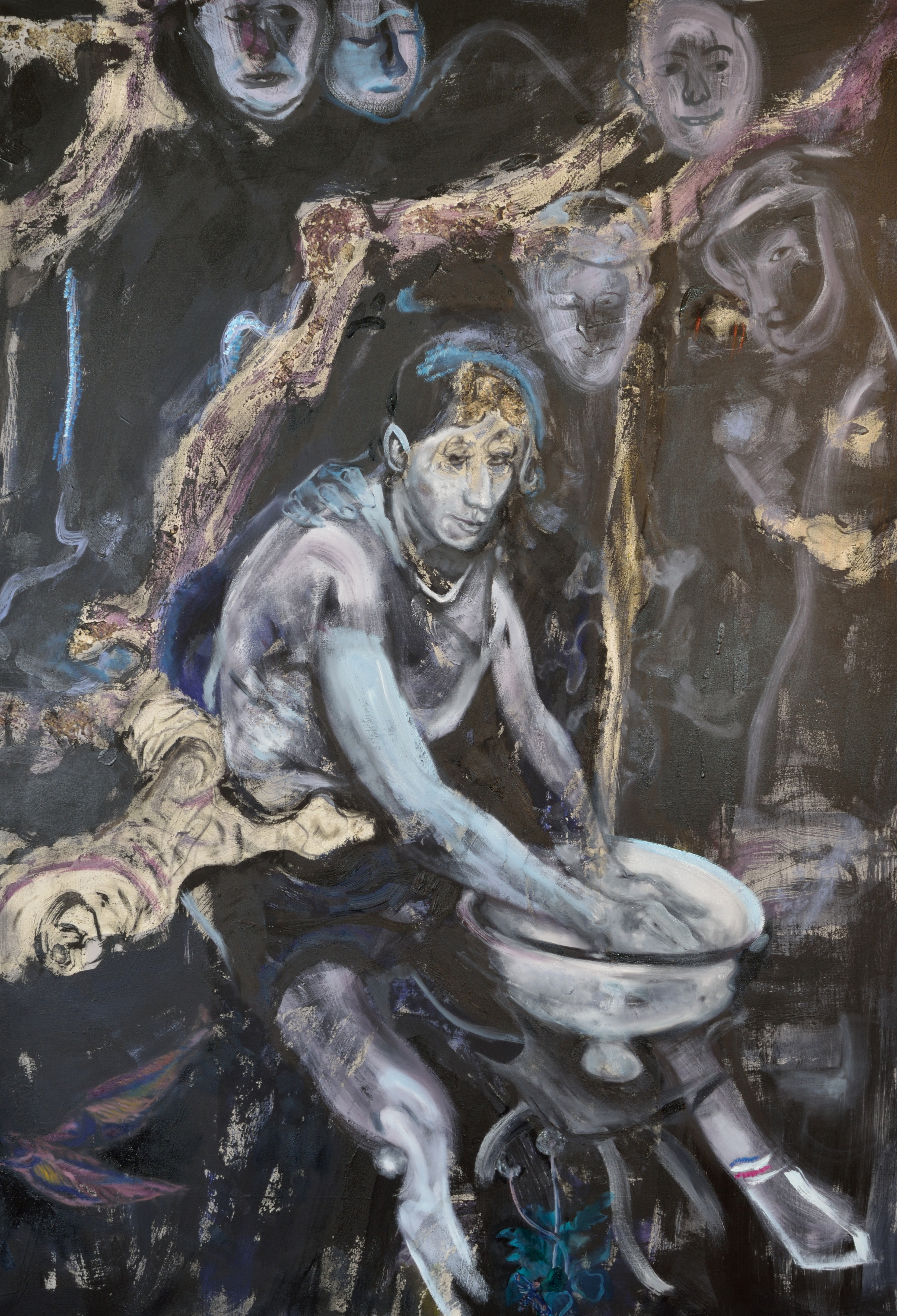 Nebojša Despotović, La sepoltura della sardina, 2019, acrilico, residui e oilo su tela, cm 145 x 100, courtesy l'artista