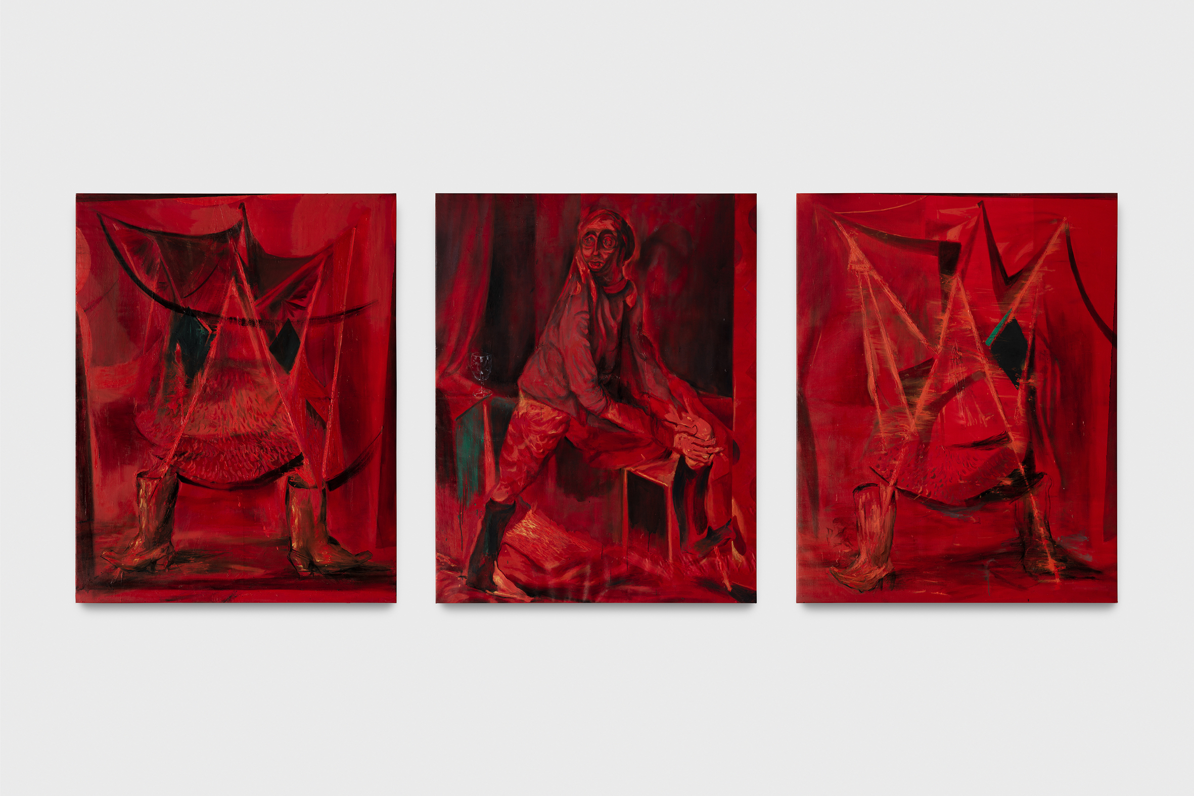 Alessandro Scarabello, Opera rubra, 2019, olio su tela, cm 180 x 141 ciascuno.