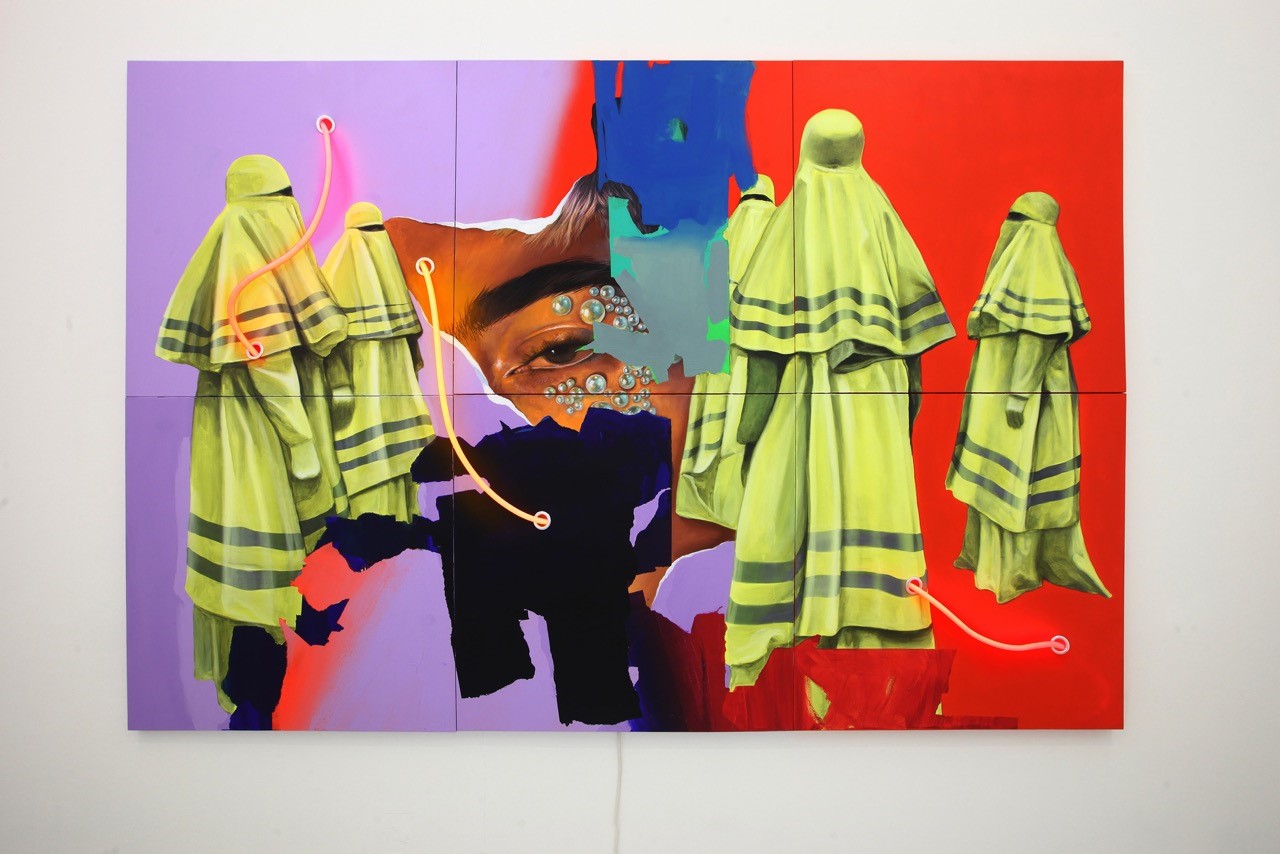 Andrea Martinucci, 14032019.jpeg acrylic, pencil and neon on canvas, 300x200x4cm 2019 Courtesy the artist and Renata Fabbri Arte Contemporanea Photo: Bruno Bani per Renata Fabbri Arte Contemporanea